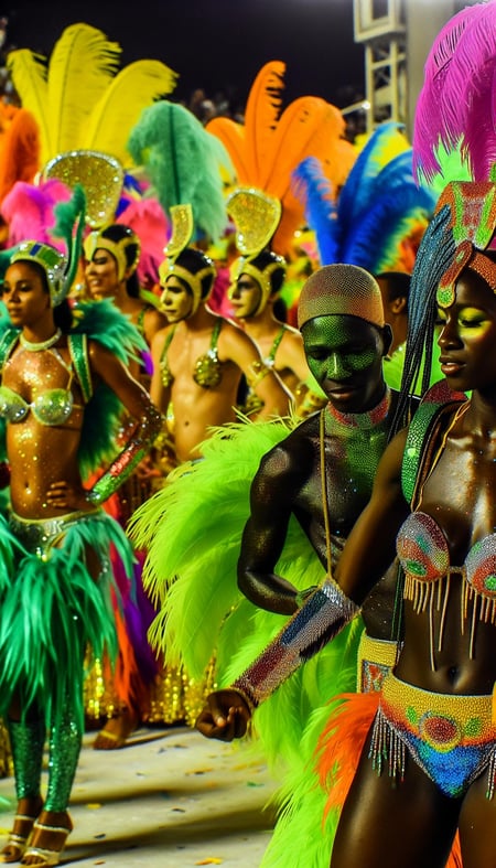 a group of sambistas with lots of colorful feathers